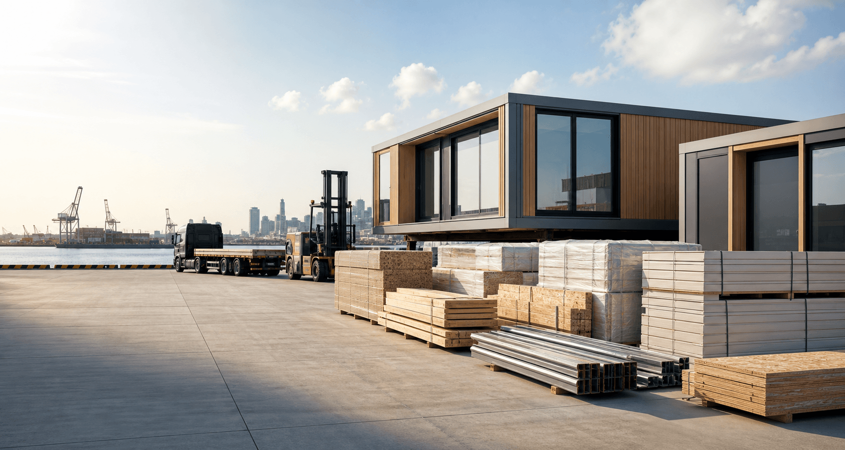 Modular houses and imported construction materials ready for delivery